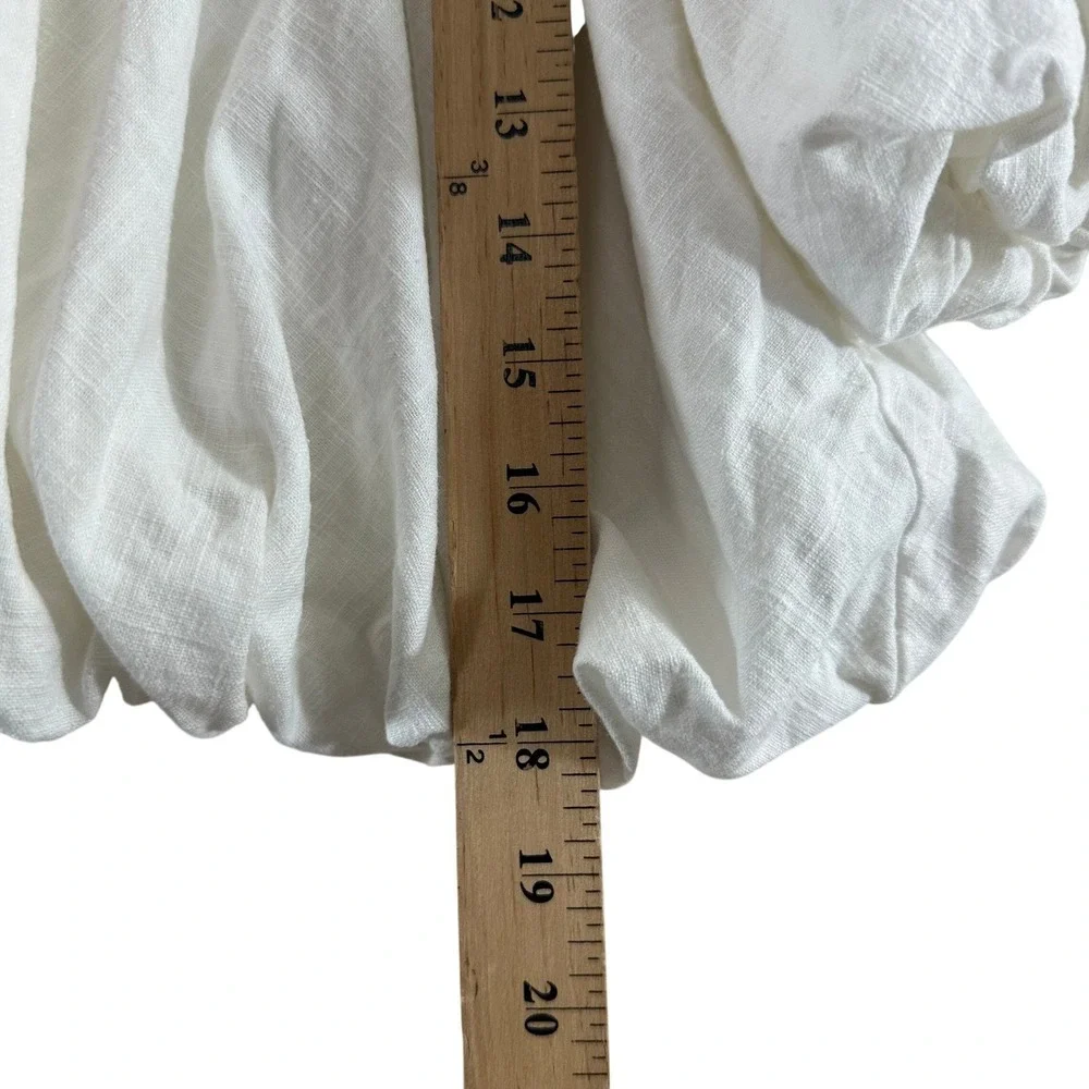 Free People White Blue Embroidered Linen Blend Puff Sleeve Bubble Hem Blouse M